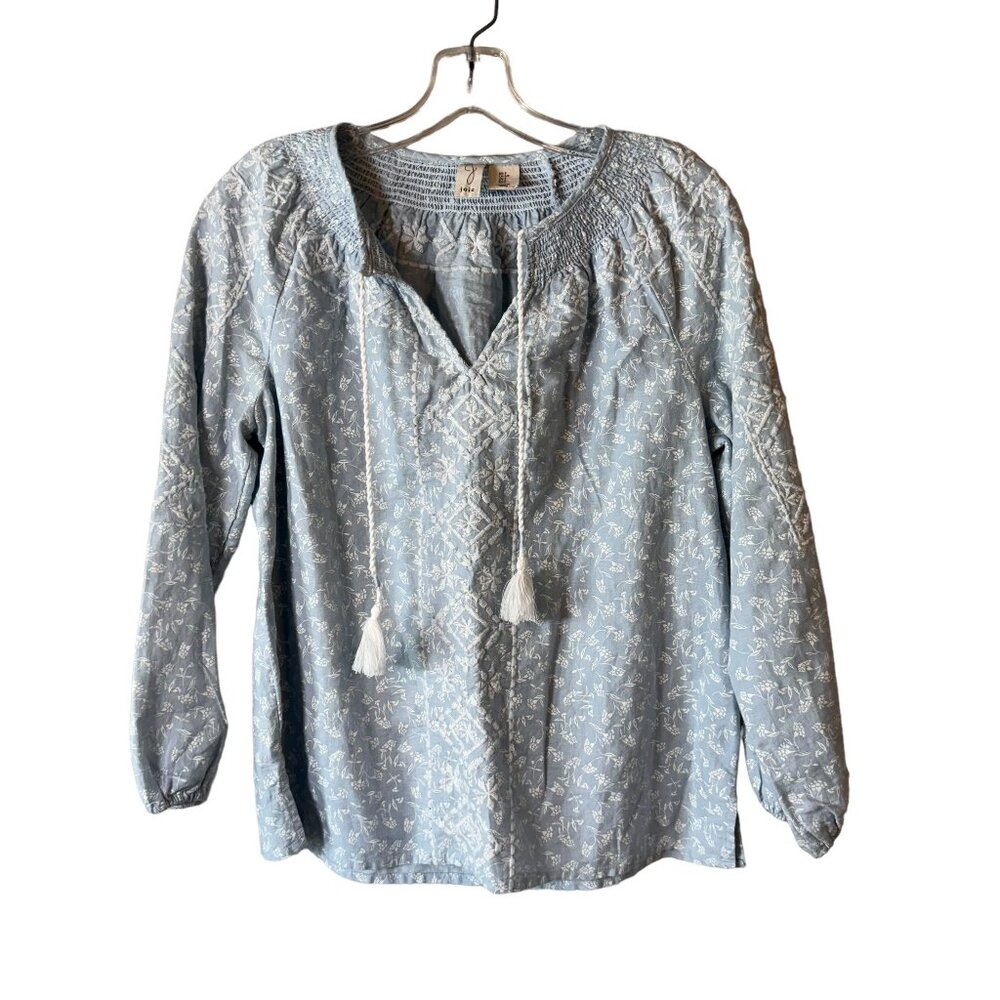 joie Women’s Blue and White Embroidered Ditsy Floral Linen Blend Top Size US Sm